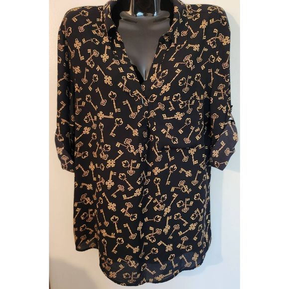 Soho NYCompany Black and Gold Key Print Tunic Blouse adjustable 3/4 Sleeve V-nec - Picture 2 of 4